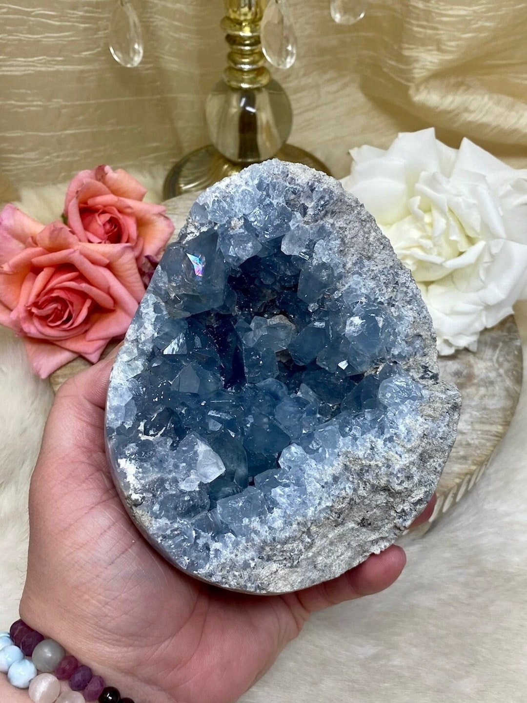 Celestite Crystal Egg, Polished Natural Blue Crystal Cluster, Rare ...
