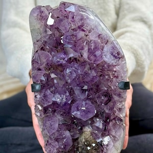 Large Amethyst Geode on Stand w/ Calcite & Hematite - Deep Purple Crystals from Brazil - Luxury Healing Decor, Collector Crystal Display