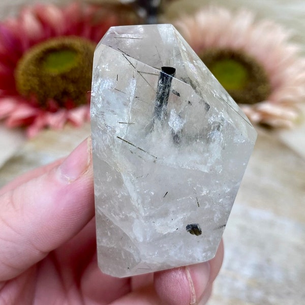 Clear Quartz Faceted Palm Stone w Tourmaline Rutiles, Natural Polished Quality Brazilian Quartz w Rutilations, Crystal Gift For Her