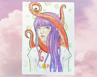 Chica solitaria con un pulpo como amigo Impresión 5x7
