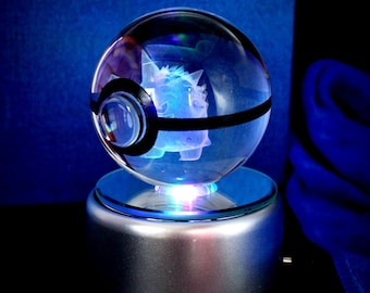 Gengar, Crystal Pokeball, Pokemon Inspired - 3D Laser Engraved Glass, Personalized Gift for him, Boyfriend Gift, Night Light (w/ LED Base)