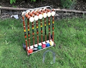Vintage Croquet Set Forster Wood Six Rolling Rack Caddy 2 Goal Stakes, Mallets, 8 Wickets 3 quot Balls Black, Green, Red, Yellow, Orange, Blue