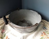 Vintage Preserving Kettle Rare Grey Mottled Speckled Graniteware Round Lipped Cook Pot Wood Bail Handle Pour Spout Tip Handle - Stew Soup