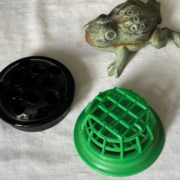 Vintage Flower Frog :Black Ebony Glass 11 Hole , Green Plastic Flowerland Round Mini Dome Office Desk Paper Weight Craft - Choose One