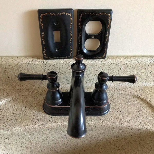 Black with Faux Gold Painted Trim Ceramic Porcelain Tole Painted Outlet, Switch Plate Cover Set