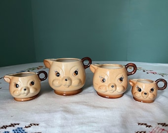 Vintage Creamer Set : Four Bears Bear China Bisque Ceramic Pitcher Cups Mid Century Japan Japanese Import Style Collectible Woodland Animal