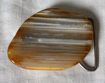 Belt Buckle :  Sliced Agate Geo Stone Crystal Rock Striped Brown Gold White Swirl Natural Shape Cut Polished for Leather Snap Belt