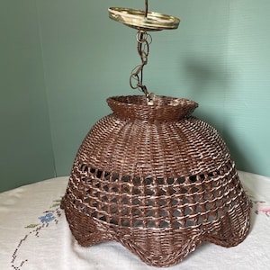Vintage Lamp : Wicker Rattan Bamboo Ceiling Pendant Hanging Light Electrical Shade Basket Weave Single Bulb Boho Shabby Chic Mid Century