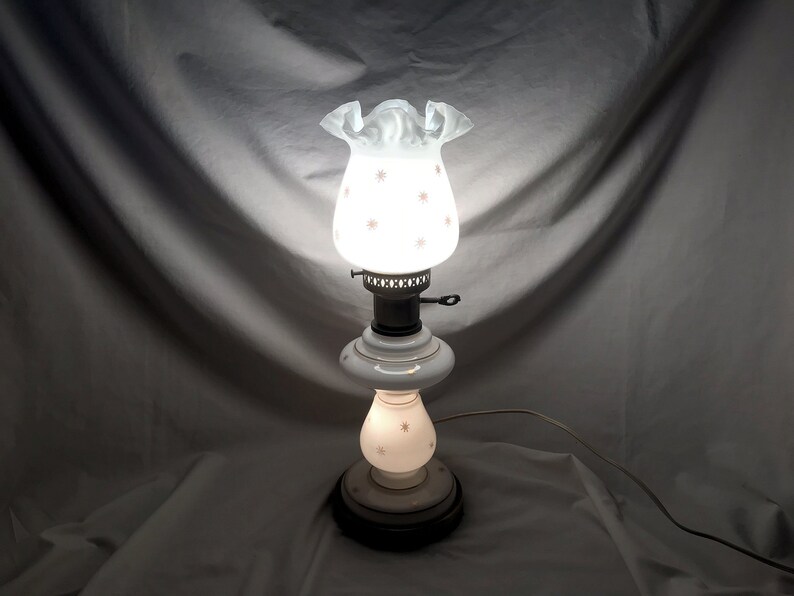 3 Way White Glass Mid Century Hurricane Globe Table Lamp With Brass Tone Base Ruffle Top Atomic Gold Starburst Design Night Light