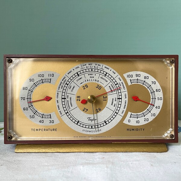 Vintage Weather Station: Taylor Stormoguide Temperature Barometer Thermometer Hygrometer Humidity Gauge Desk Unit Brown Gold Plastic - USA