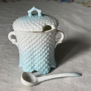 May include: A white and blue ceramic sugar bowl with a lid and a matching spoon. The bowl has a textured, diamond-shaped pattern.