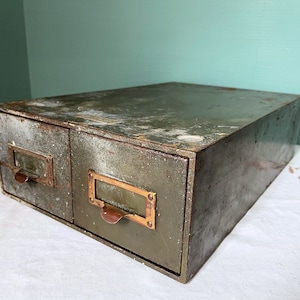 Vintage File Cabinet : All Steel General Fireproofing Co 2 Drawer Army Green Metal Card Catalog Pull Handle Stackable Home Office - USA