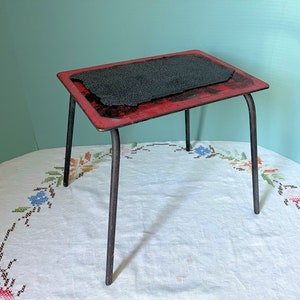 Vintage Foot Stool : Primitive Distressed Black Metal Legs Red Top Rubber Tread Table Bench Shelf Riser Milk Photo Prop Product Display