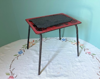 Vintage Foot Stool : Primitive Distressed Black Metal Legs Red Top Rubber Tread Table Bench Shelf Riser Milk Photo Prop Product Display