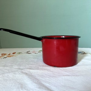 Vintage Dipper : Enamel Metal Red with Black Trim Scoop Ladle Water Mini Sauce Pot Hang Hole Measure Cup Flour Sugar Riveted Handle Crafts