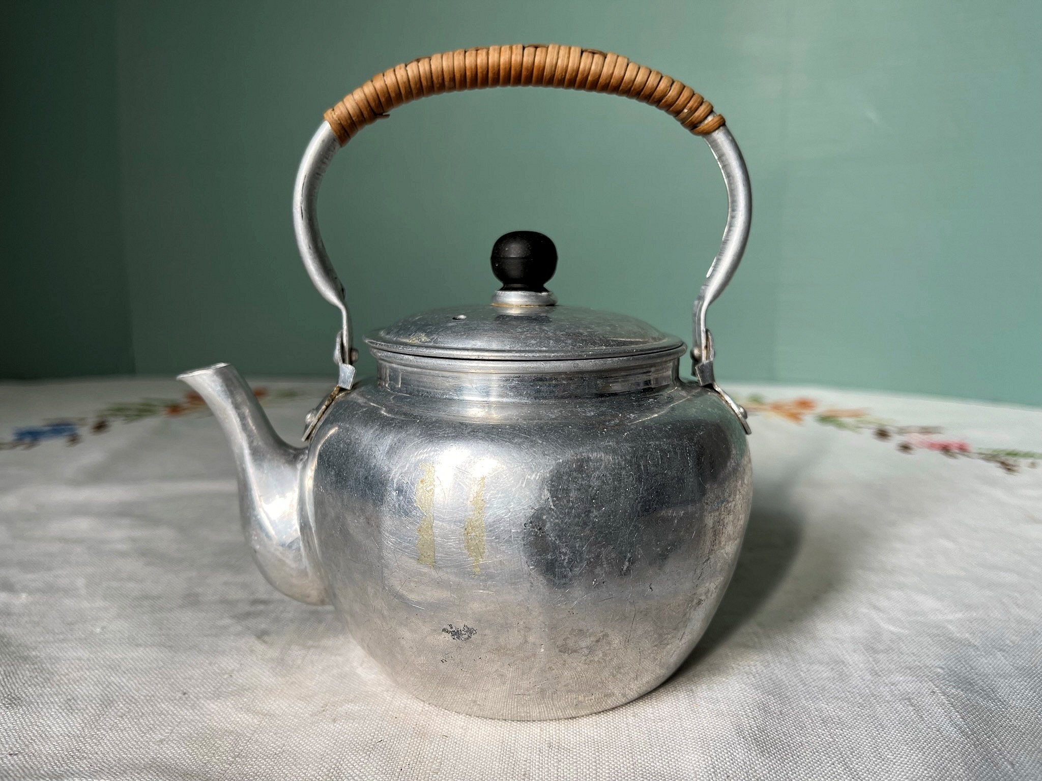 Vintage Tea Pot: Aluminum 2 Cup Water Kettle Grease Melter Canister Storage  Black Bakelite Plastic Knob Woven Wicker Handle - Made in Japan