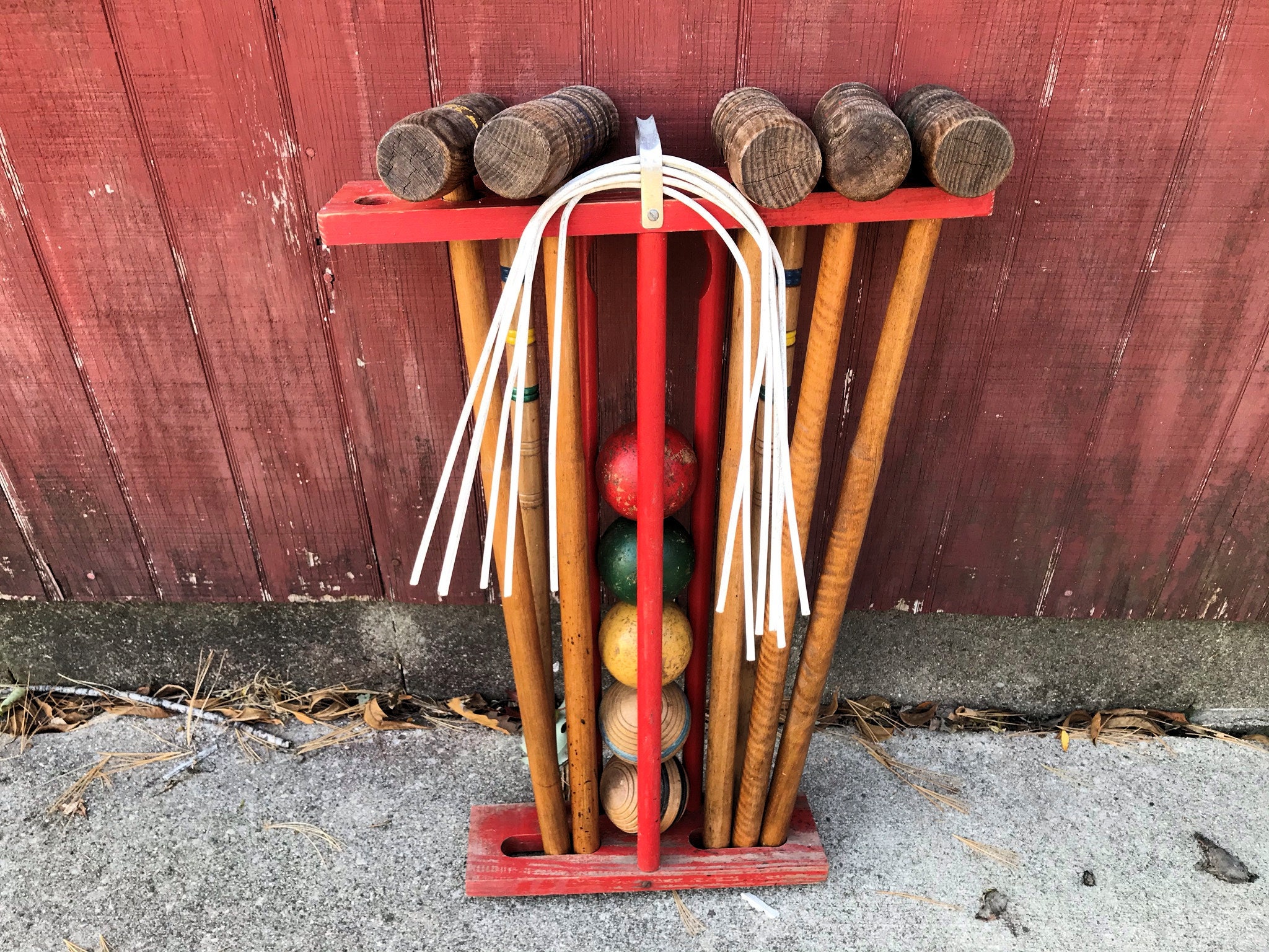 Vintage Croquet Set Red Wood Caddy Stationary Rack with Metal Etsy
