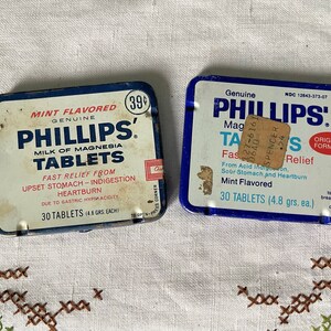 Vintage Product : Phillips Milk of Magnesia Lithograph Litho Tin Metal Clamshell Container with Tablets Made USA set of Two Medical Antiques