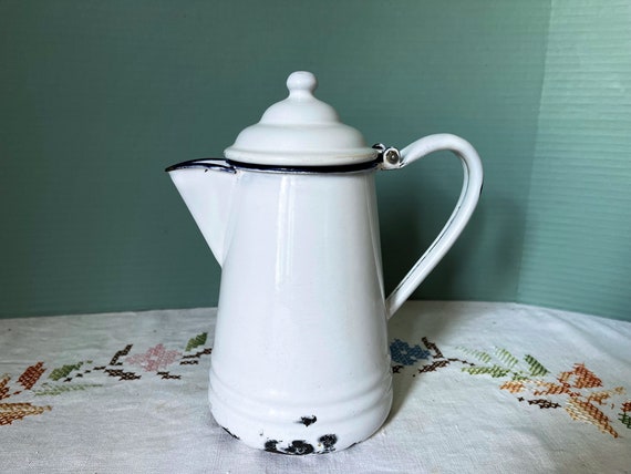 Vintage Coffee Pot : Dark Navy Blue Trim White French Enamel