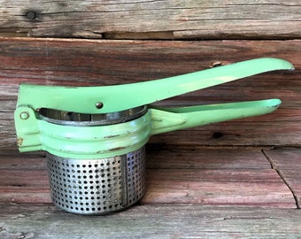 Green Potato Masher, Ricer, Fruit Press, Baby Food Strainer with Perfect Patina