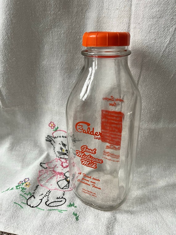 Vintage Bottle : Calder Dairy Clear Glass Orange Graphics Milk Container  Farm Fresh Local With Plastic Bottle Cap Carlton Michigan USA 