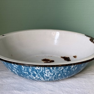 Vintage Pan : Blue Marbled Swirl Swirled 12&quot; Graniteware Bowl Tub Enamel Black Trim Decorative Enamelware Wall Table Display Hang Hole