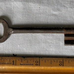 May include: A rusty metal key with the text "E.P. REMINGTON & SONS" on the head. The key is about 2 inches long.