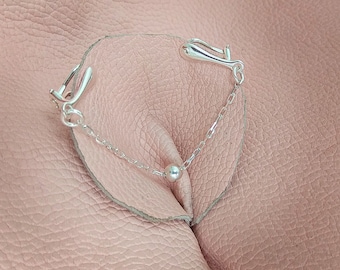 Chain Clitoral Jewellery serling silver Faux piercing  with silver chain  Non Piercing Clit Clip Adult fun sex toys