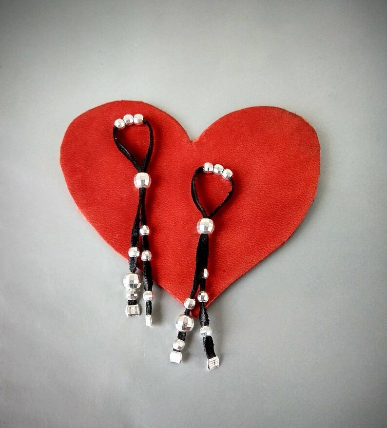 Black Leather cord with Solid Silver beads Nipple Noose