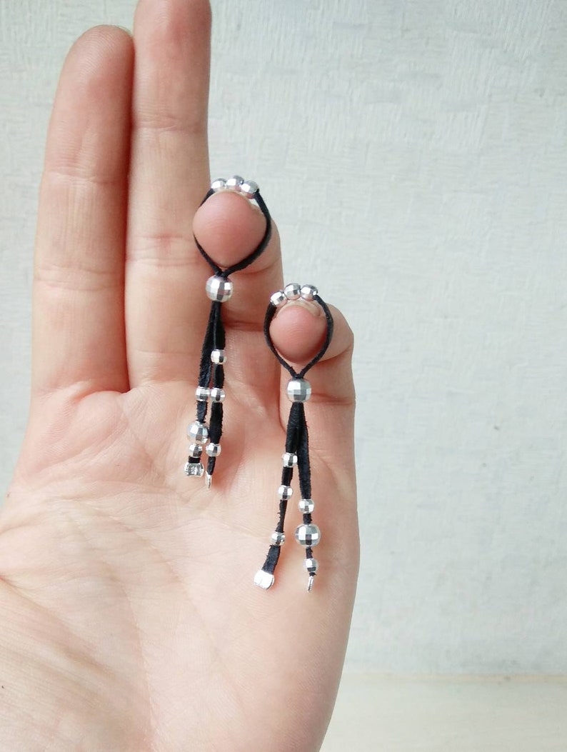 Black Leather cord with Solid Silver beads Nipple Noose