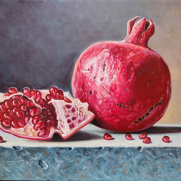 Harvest Jewel: Luscious Pomegranate Still Life, 30x24cm (11.8x9.4in) Oil on Canvas, Rich Ruby Reds, Kitchen Art, Ready to Hang