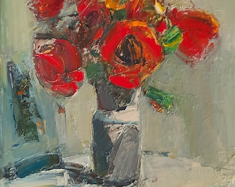 Vivid Poppies in Bloom: Abstract Red Floral, 35x50cm (13.8x19.7in), Oil on Canvas, Textured Blossom Art, Serene Decor, Ready to Hang