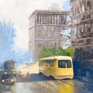ノスタルジックな黄色の路面電車（23.6x27.6インチの油絵/キャンバス、すぐに掛けられる）都会の街並み、ヴィンテージの魅力、質感のある筆使い、鮮やかで時代を超越したアート