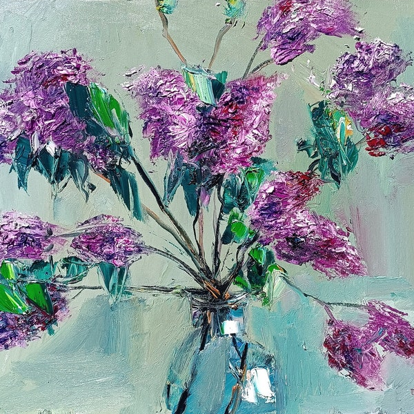 Lush Lilac Elegance: A Vivid Symphony of Purples in Textured Oil Paint 50x65cm/19.7x25.6in oil/canvas, ready to hang, floral art, home decor