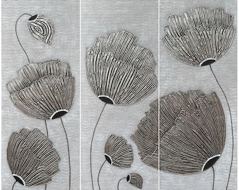Elegance in Trio 30x80, 30x80, 30x80cm oil 100% hand painted on canvas, mixed technique, ready to hang, Wall Decor, Textured Poppies