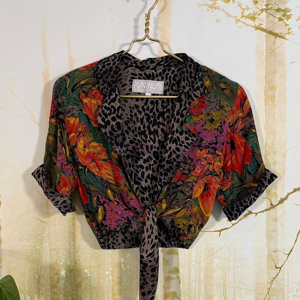 90's PLATINUM by Dorothy Schoelen cropeped tie top, gorgeous floral and leopard print! Sz S