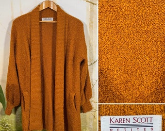 RARE! 90's Karen Scott nubby knit cardigan in Mustard, size PS, pockets, GVC!