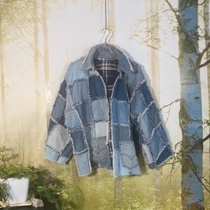 EPIC denim patchwork reversible jacket! Handmade, flannel lined, pockets, OOAK!