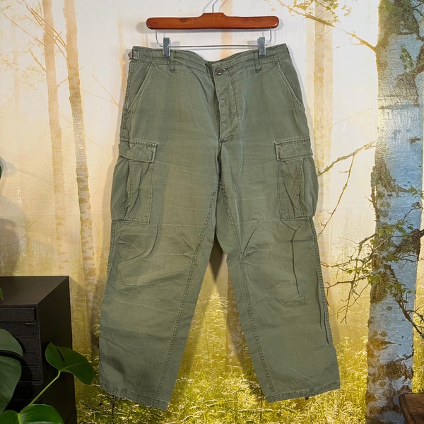 60's Vtg Army green trousers for hot weather, combat, cargo pants, tie ankles, adjustable waist, GVC