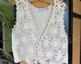 Vtg UP 2 U handknit vest, cream, sz L, ramie/cotton, Mint!