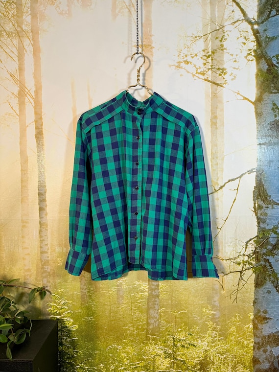 Vtg Plaid shirt, kelly green and blue, Mint!