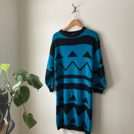 80's sweater dress by MAGNET, geometric blue and … - image 4