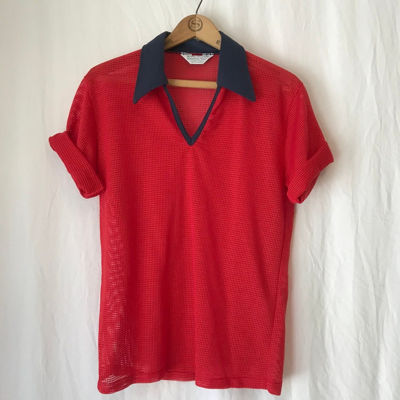 70's Red Mesh shirt with navy butterfly collar and piping Etsy
