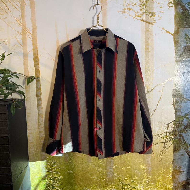 May include: A long-sleeved button-down shirt with vertical stripes in shades of brown, black, and red.