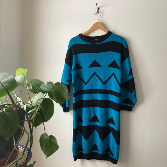 80's sweater dress by MAGNET, geometric blue and … - image 1