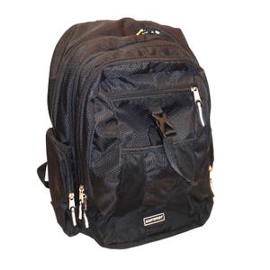 May include: A black backpack featuring a textured honeycomb pattern, multiple zippered compartments, and a central buckle strap. The bag includes side pockets, silver-toned zipper pulls, and a rectangular label with the text EASTSPORT on the front.