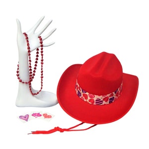 Children&#39;s Valentine&#39;s Day Cowboy Hat Set with Heart Bead Necklace and Temporary Tattoos