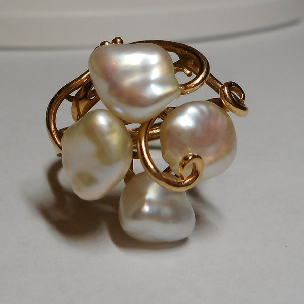 Ring White Cultured Pearl Diamond Size 6 3/4 14k