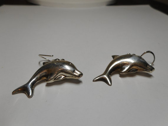 925 Sterling Silver Dolphin Earrings Large Tarnished