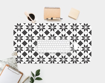 Black Tile Print Desk Mat: Boho Chic Workspace Accessory